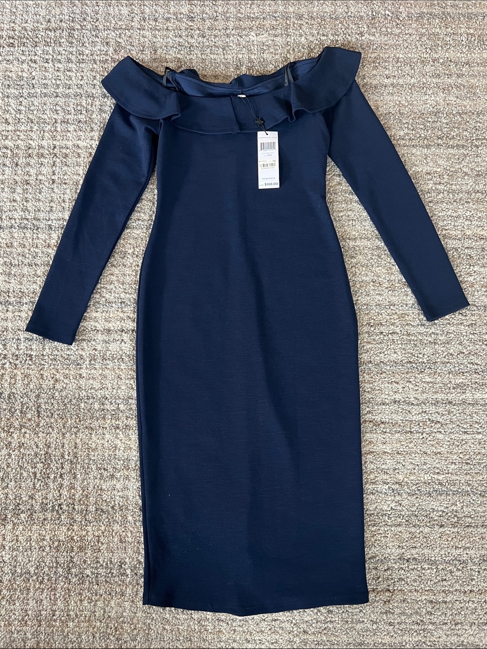 BCBGeneration Navy Off-Shoulder Ruffle Long Sleeve Sheath Dress